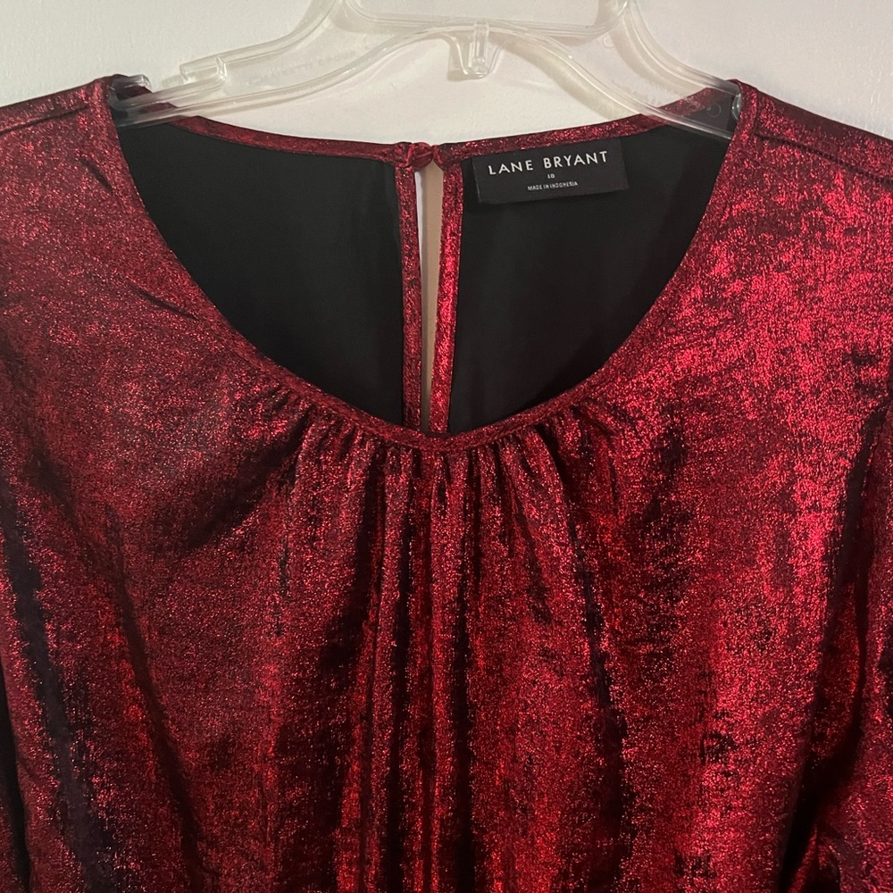 Lane Bryant Red/Wine Metallic Blouson-Sleeve Belted Fit & Flare Dress Size 18